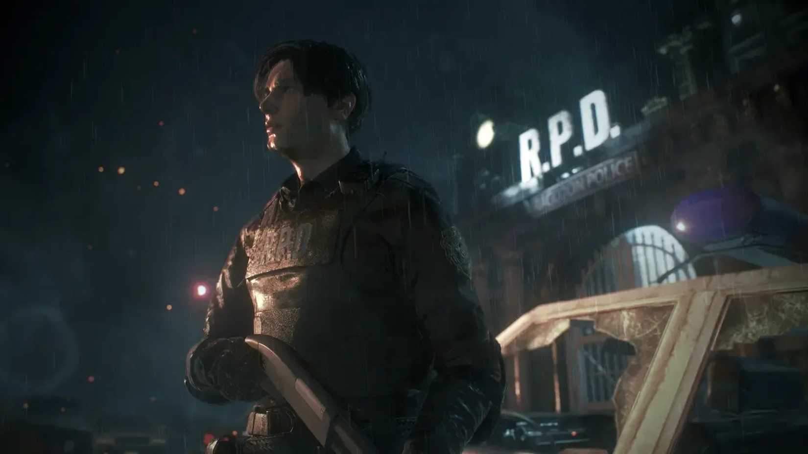 A screenshot of Leon Kennedy outside the RPD building in Resident Evil 2 Remake