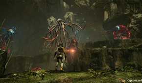 Selene facing off against flying Lovecraftian creatures in Returnal.