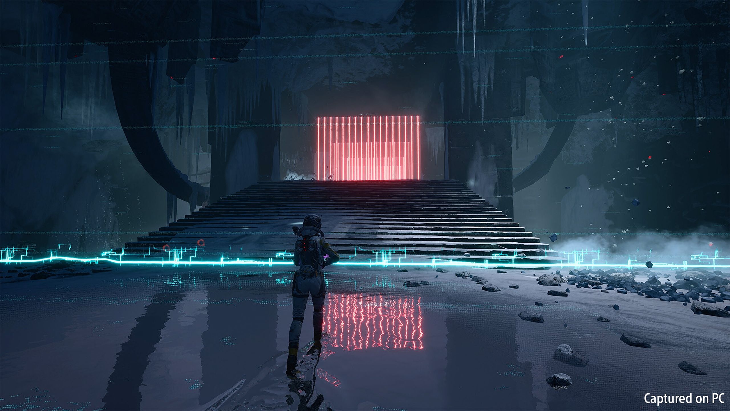 Selene running across watery ground in Returnal.