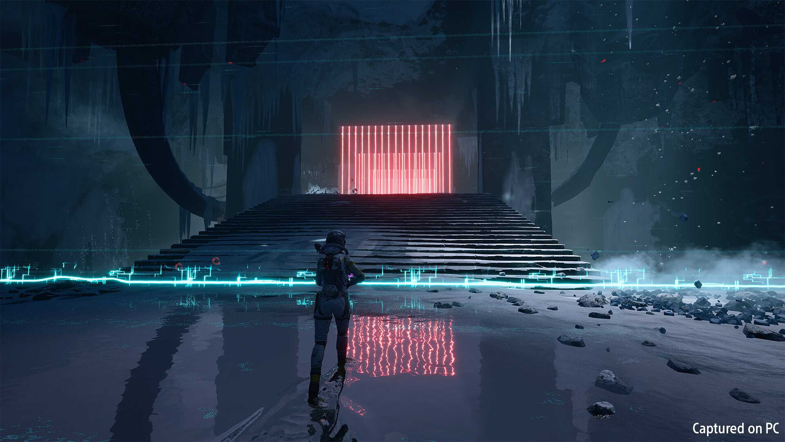 Selene running across watery ground in Returnal.