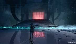 Selene running across watery ground in Returnal.