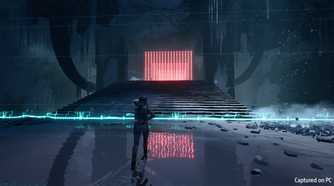 Selene running across watery ground in Returnal.