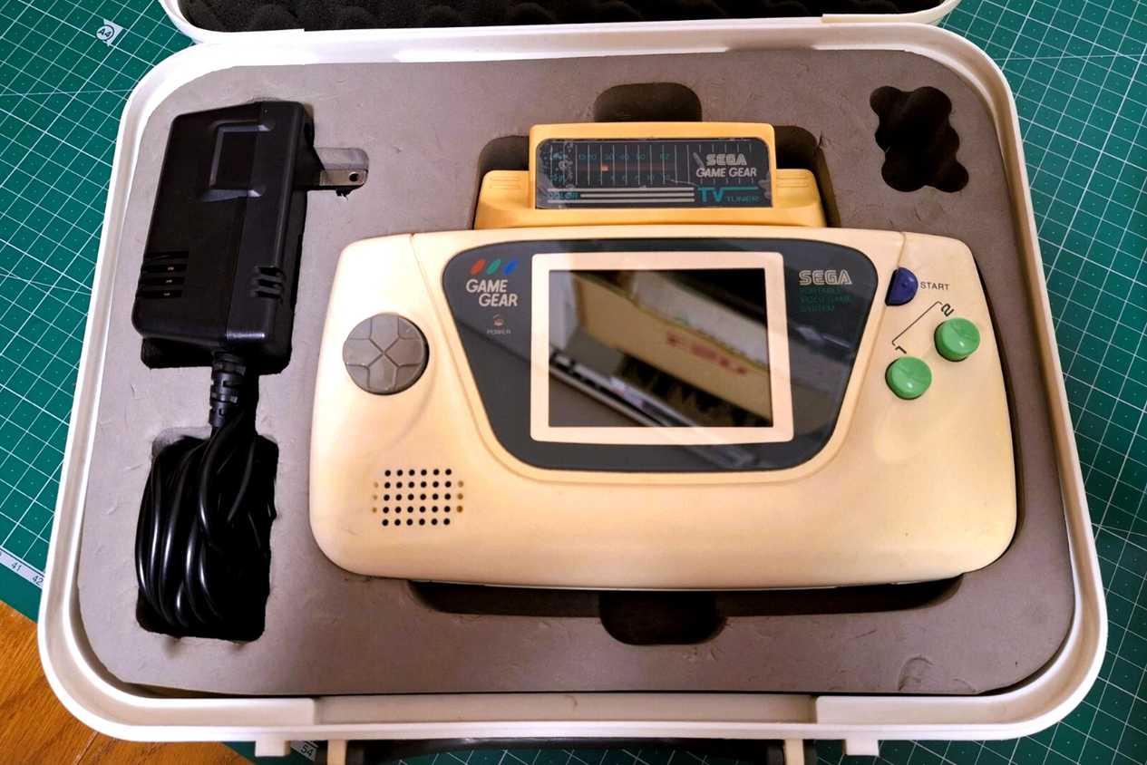 The rare white Sega Game Gear in its case.