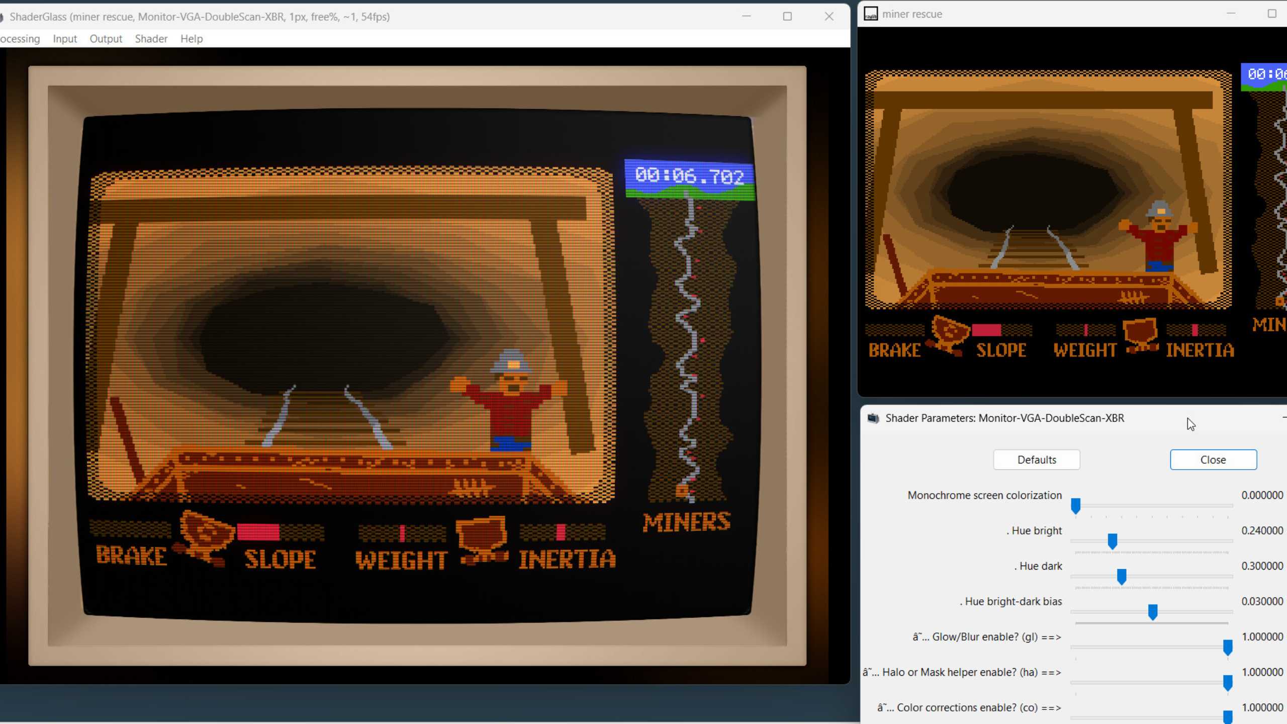A screenshot of ShaderGlass active with its filters being tweaked.