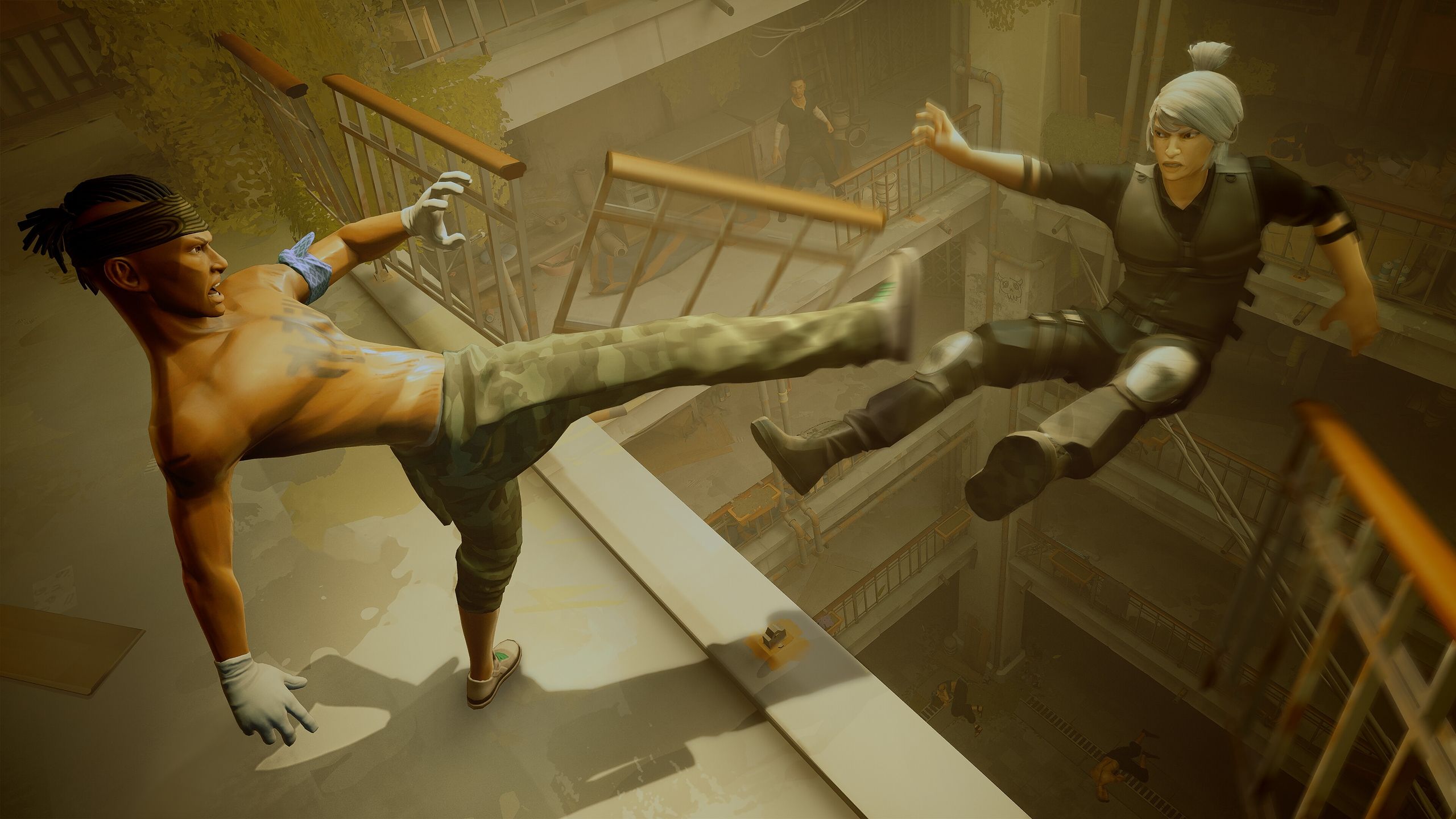 Enemy kicking the player off a flight of stairs in Sifu.