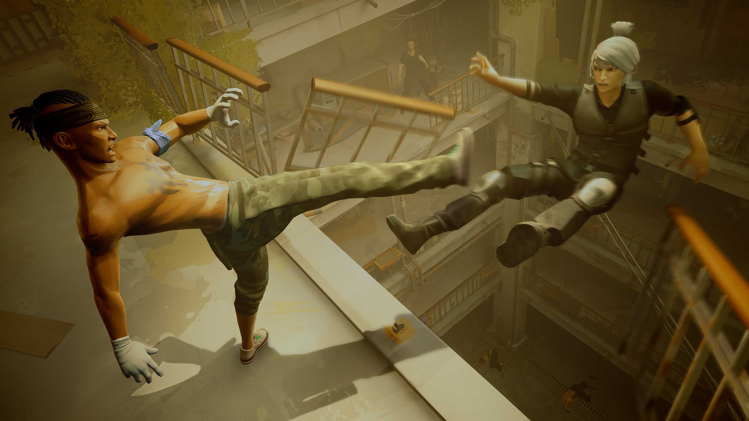 Enemy kicking the player off a flight of stairs in Sifu.