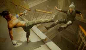 Enemy kicking the player off a flight of stairs in Sifu.