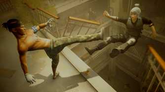 Enemy kicking the player off a flight of stairs in Sifu.