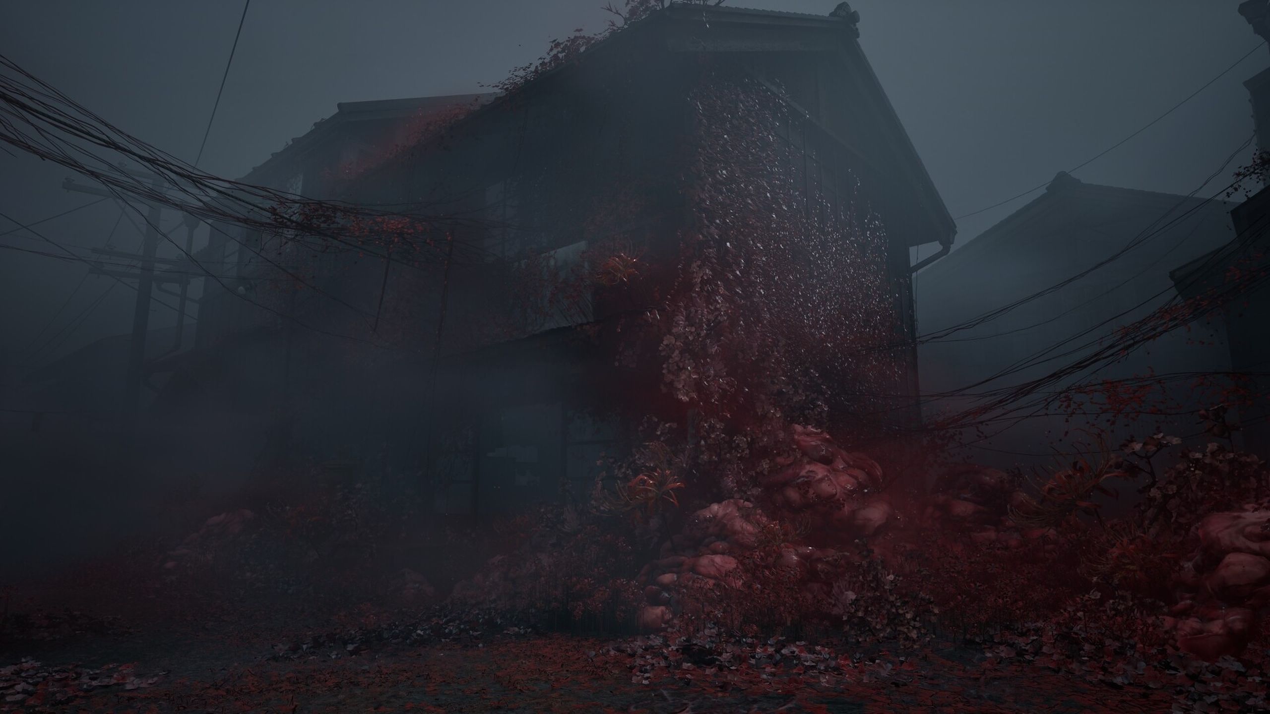 Red, bloody flowers taking over a house in Silent Hill F.
