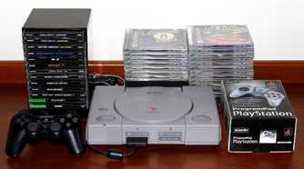 Sony PlayStation 1 with games and a controller.