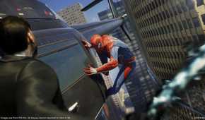 Spider-Man sticking to the side of a helicopter in Spider-Man 2018.