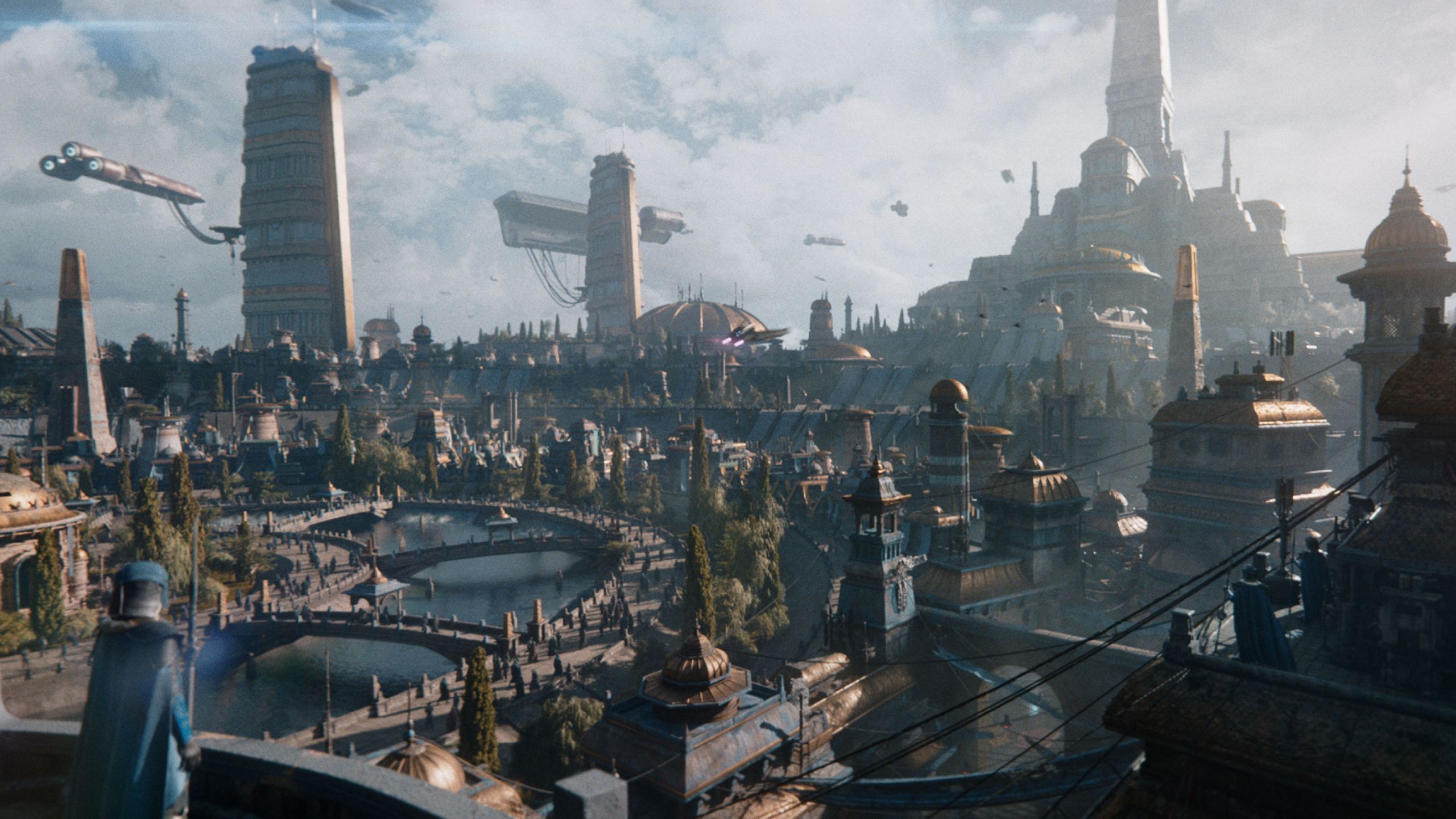 A bustling cityscape and a looming temple in Star Wars Eclipse.
