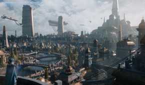 A bustling cityscape and a looming temple in Star Wars Eclipse.