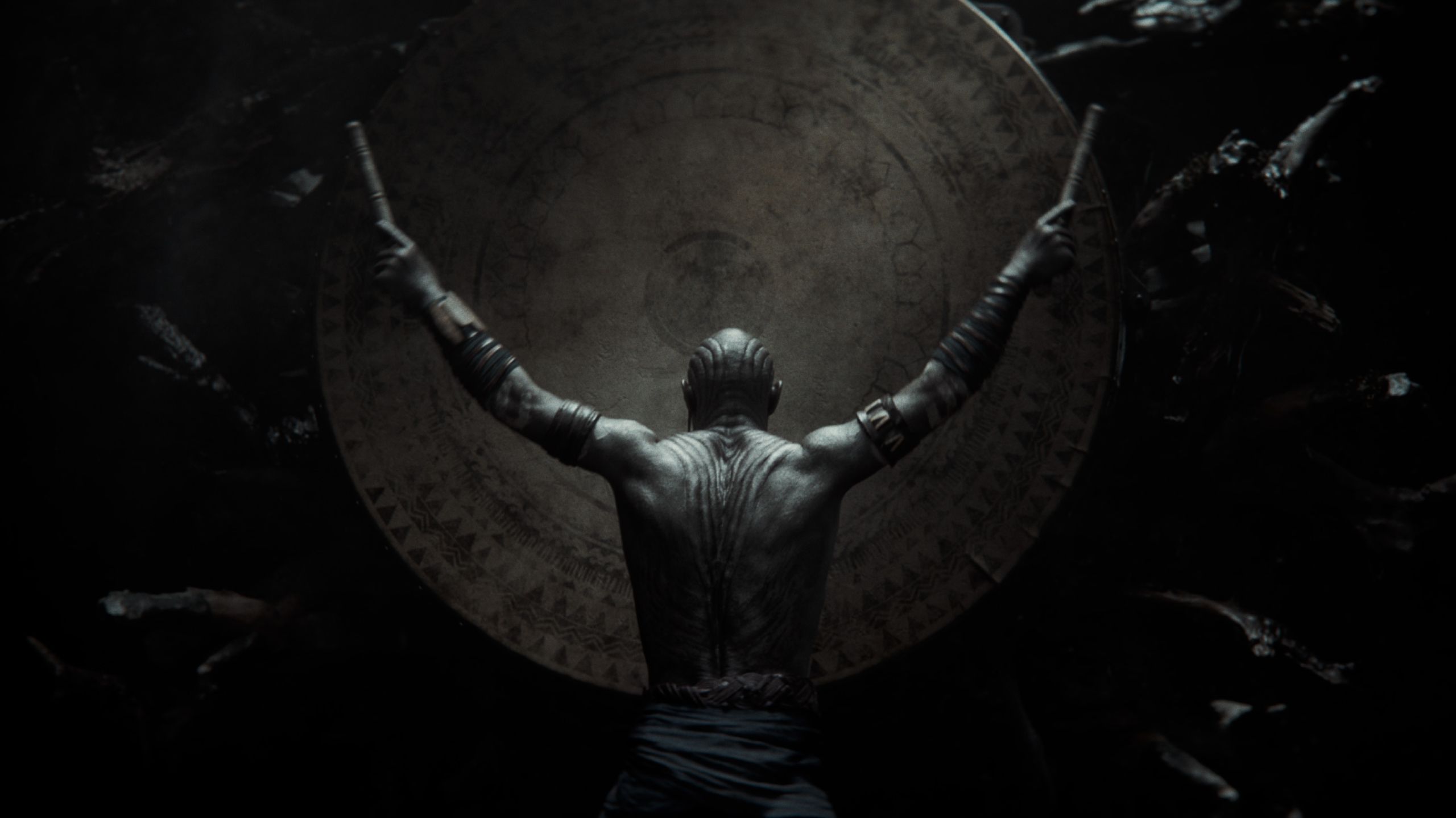 A man banging a drum wedged in between tree roots in Star Wars Eclipse.