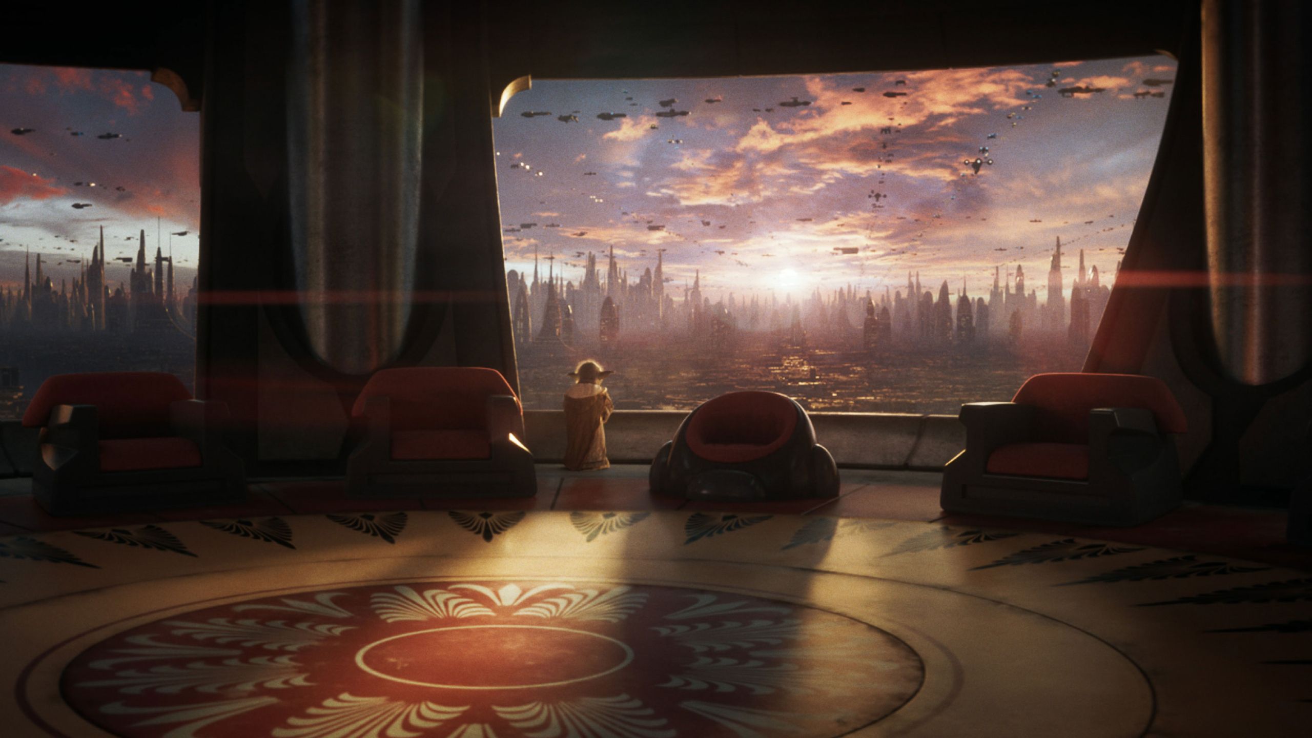 Yoda looking out the window in an empty room in Star Wars Eclipse.