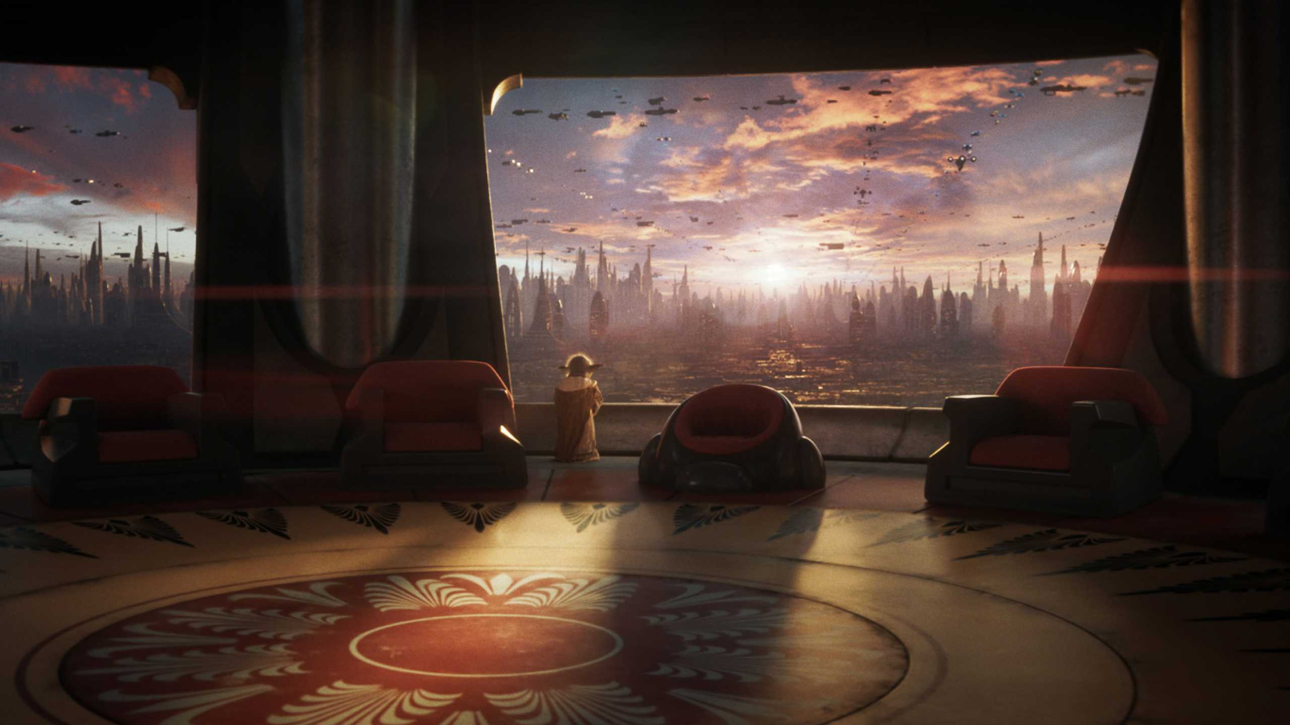 Yoda looking out the window in an empty room in Star Wars Eclipse.