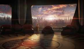 Yoda looking out the window in an empty room in Star Wars Eclipse.