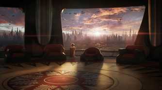 Yoda looking out the window in an empty room in Star Wars Eclipse.