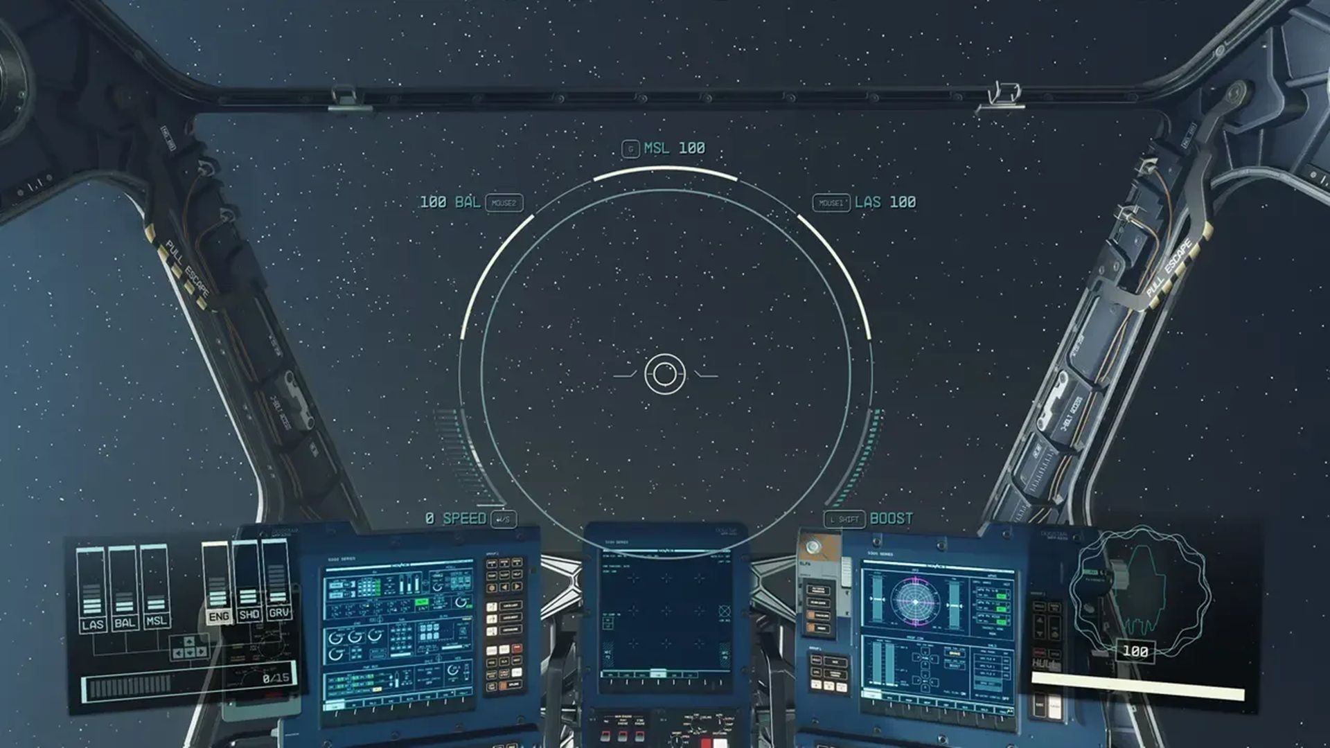 A screenshot of space flight gameplay in Starfield