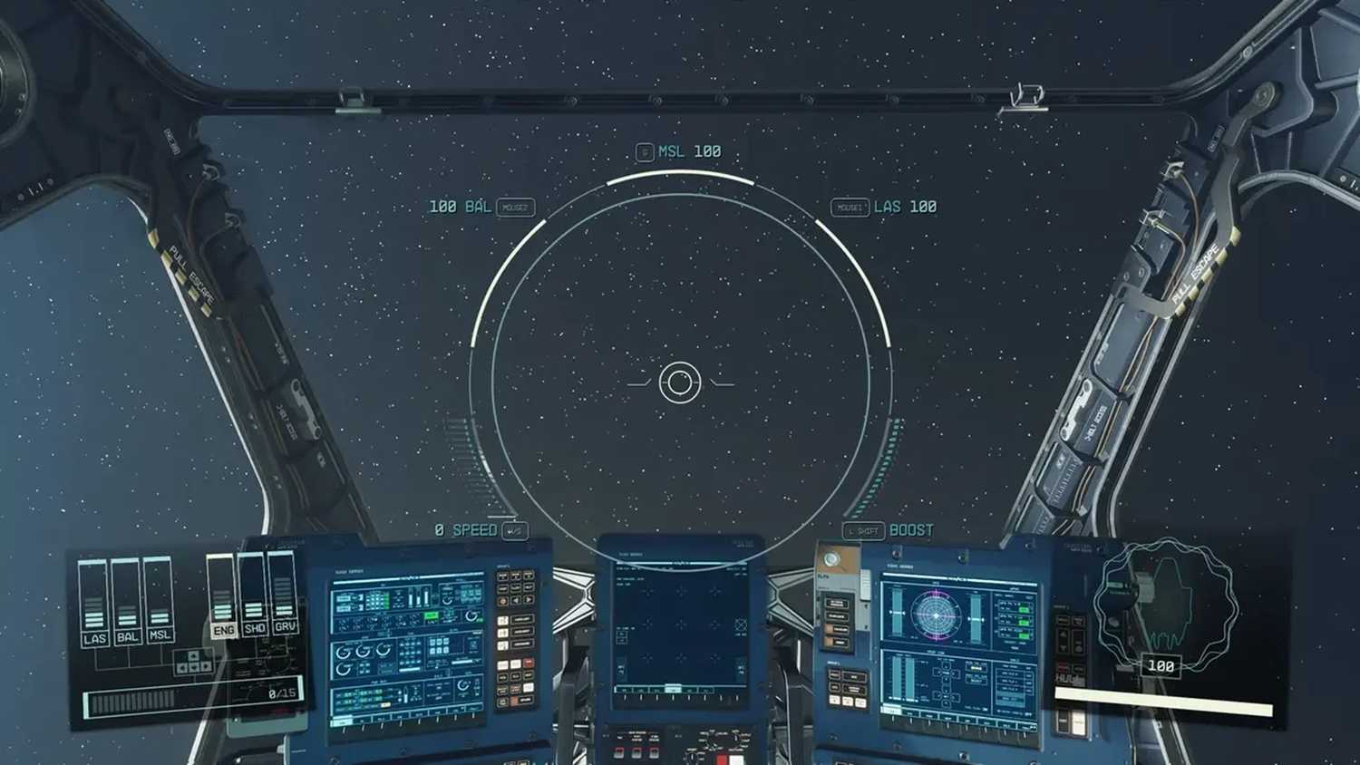 A screenshot of space flight gameplay in Starfield