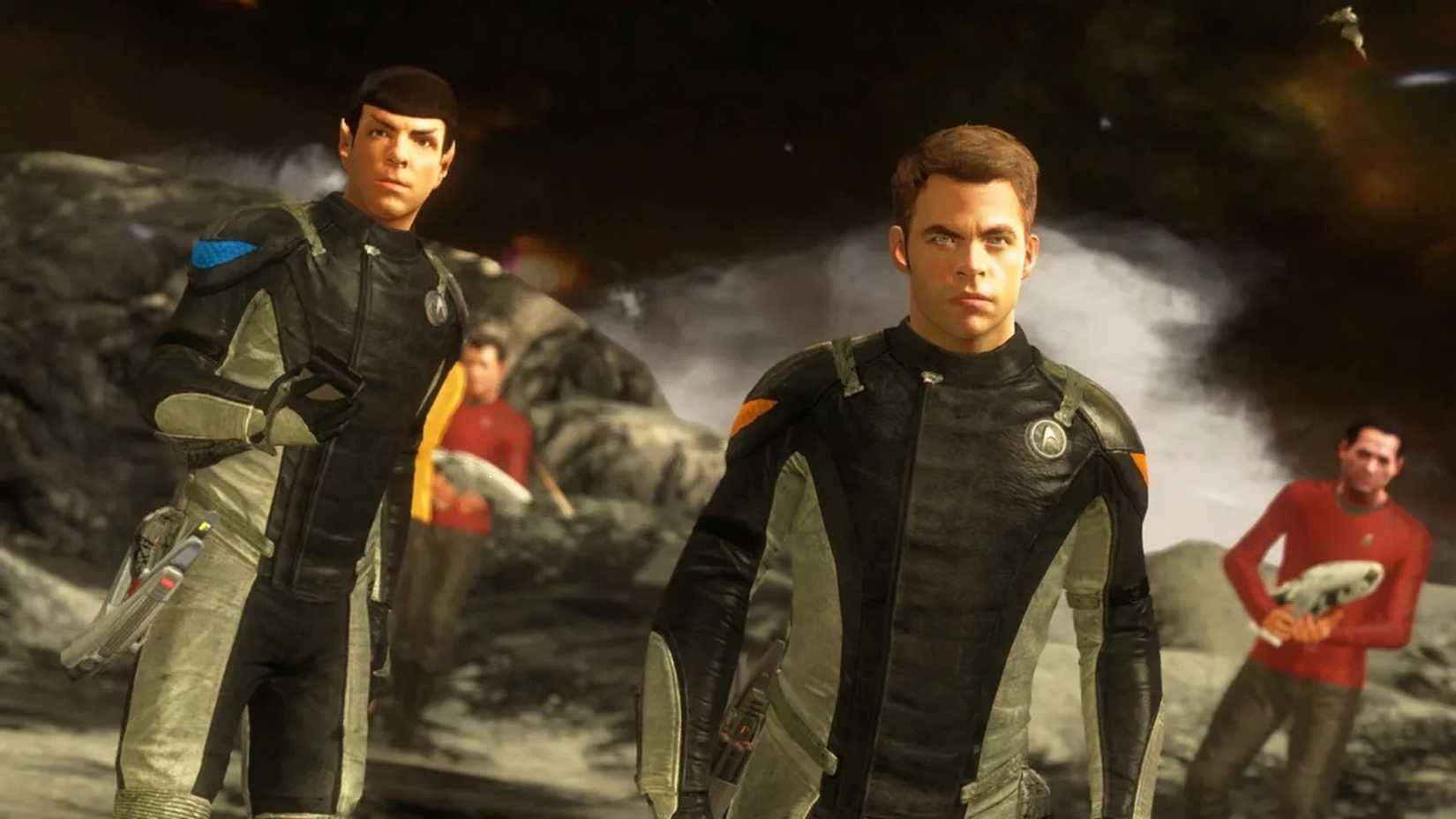 A screenshot of Spock, Kirk, and an away team from Star Trek