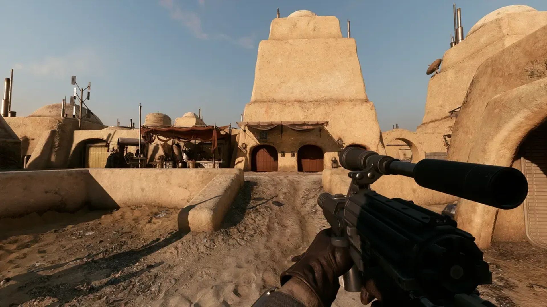 A screenshot of Tatooine gameplay from Star Wars Battlefront 2