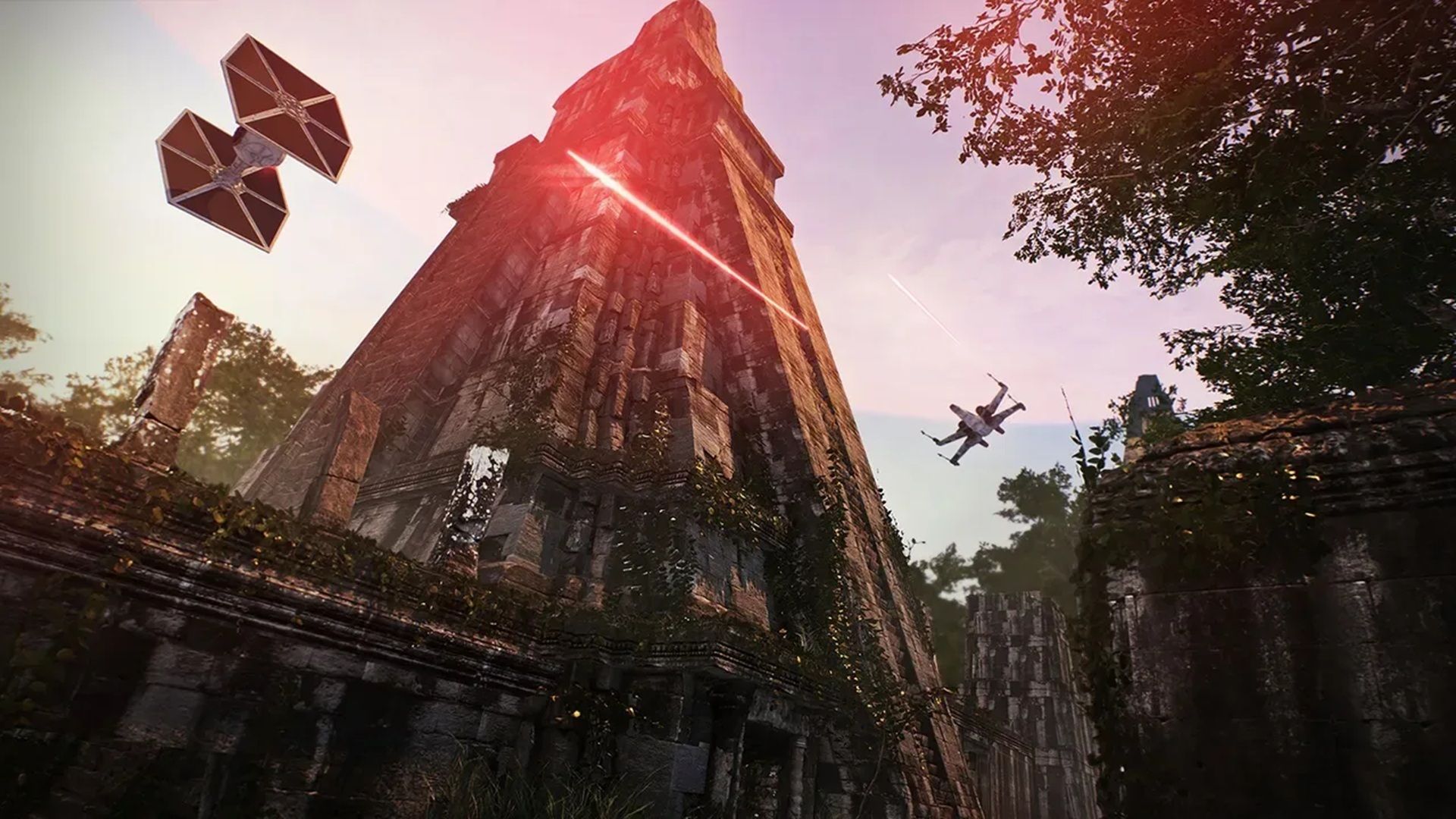 A screenshot of air combat with ships in Star Wars Battlefront 2