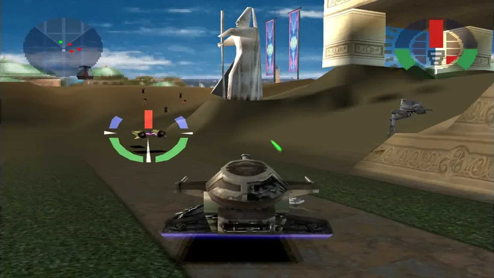 A screenshot of a tank in combat in Star Wars: Demolition