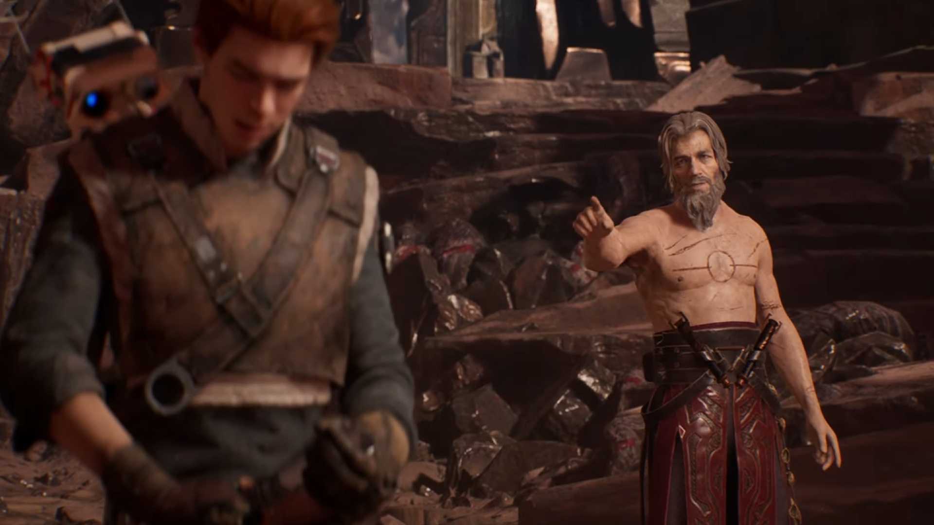 A screenshot of the Cal Kestis and Taron Malicos in Star Wars Jedi: Fallen Order