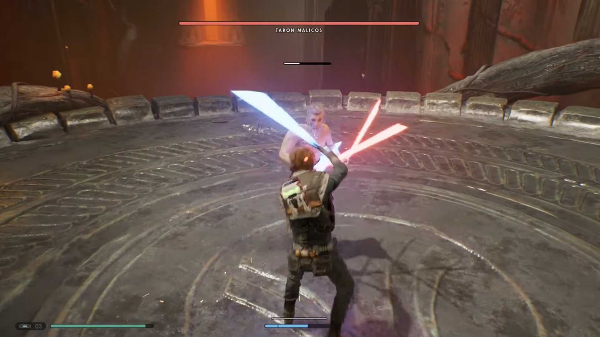 A screenshot of the Malicos fight in Star Wars Jedi: Fallen Order