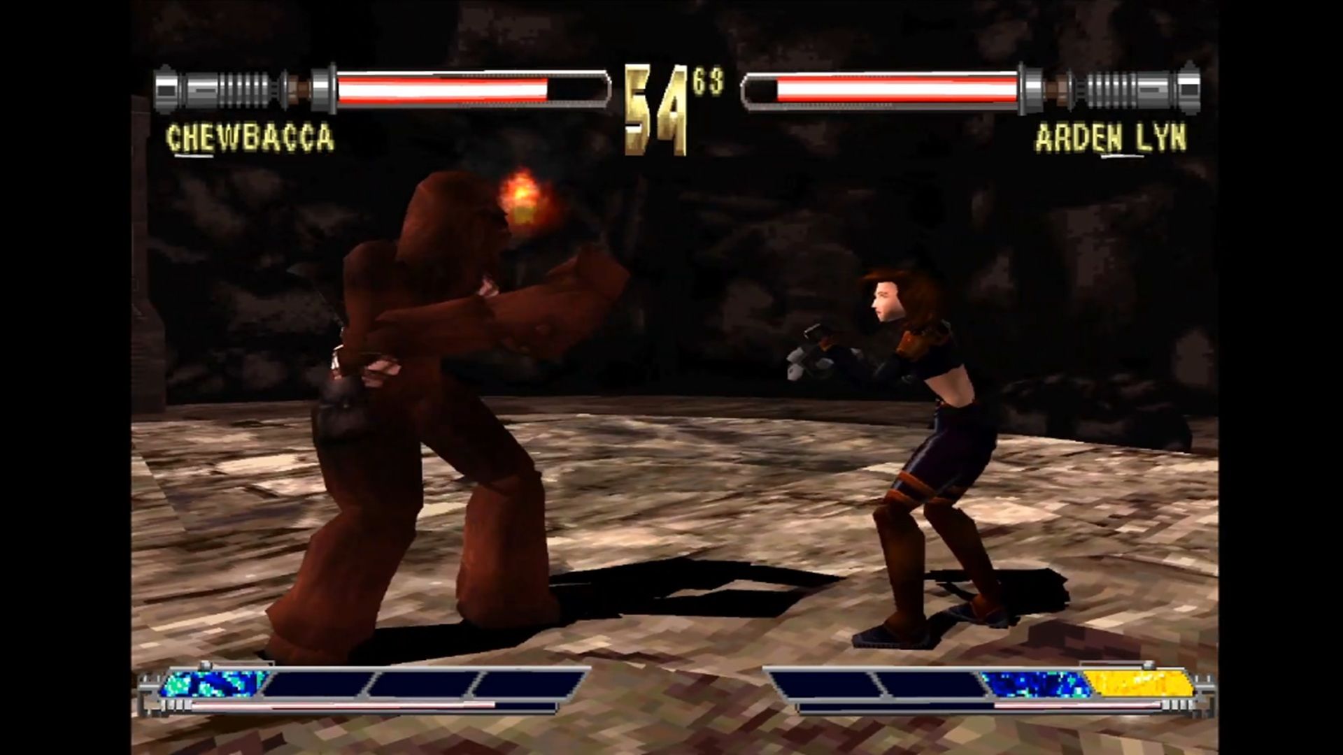 A screenshot of Chewbacca fighting Arden Lyn in Star Wars: Masters of Teras Kasi