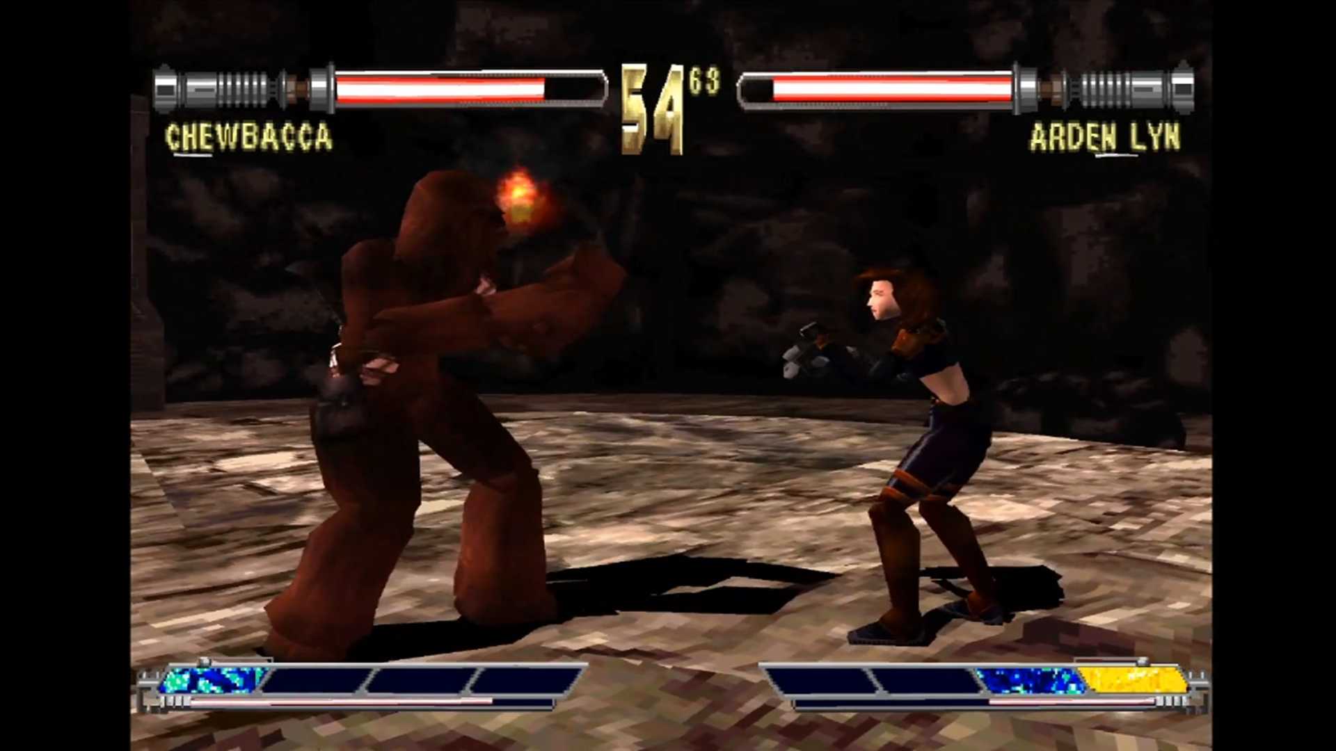 A screenshot of Chewbacca fighting Arden Lyn in Star Wars: Masters of Teras Kasi