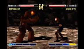 A screenshot of Chewbacca fighting Arden Lyn in Star Wars: Masters of Teras Kasi