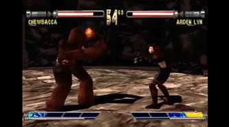 A screenshot of Chewbacca fighting Arden Lyn in Star Wars: Masters of Teras Kasi