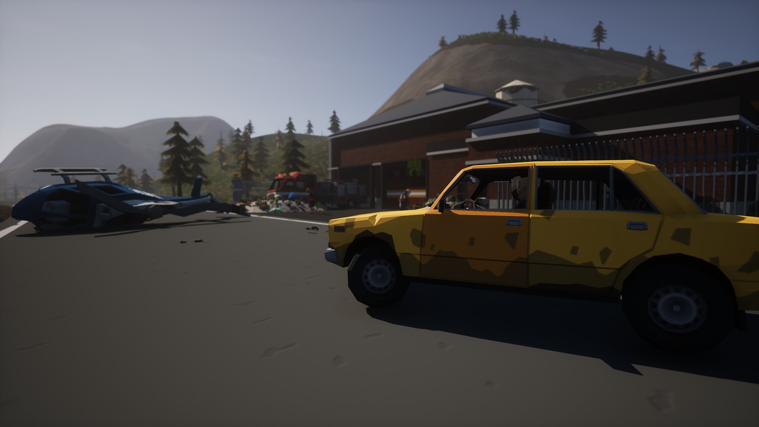 A crashed helicopter and a yellow car in SurrounDead.