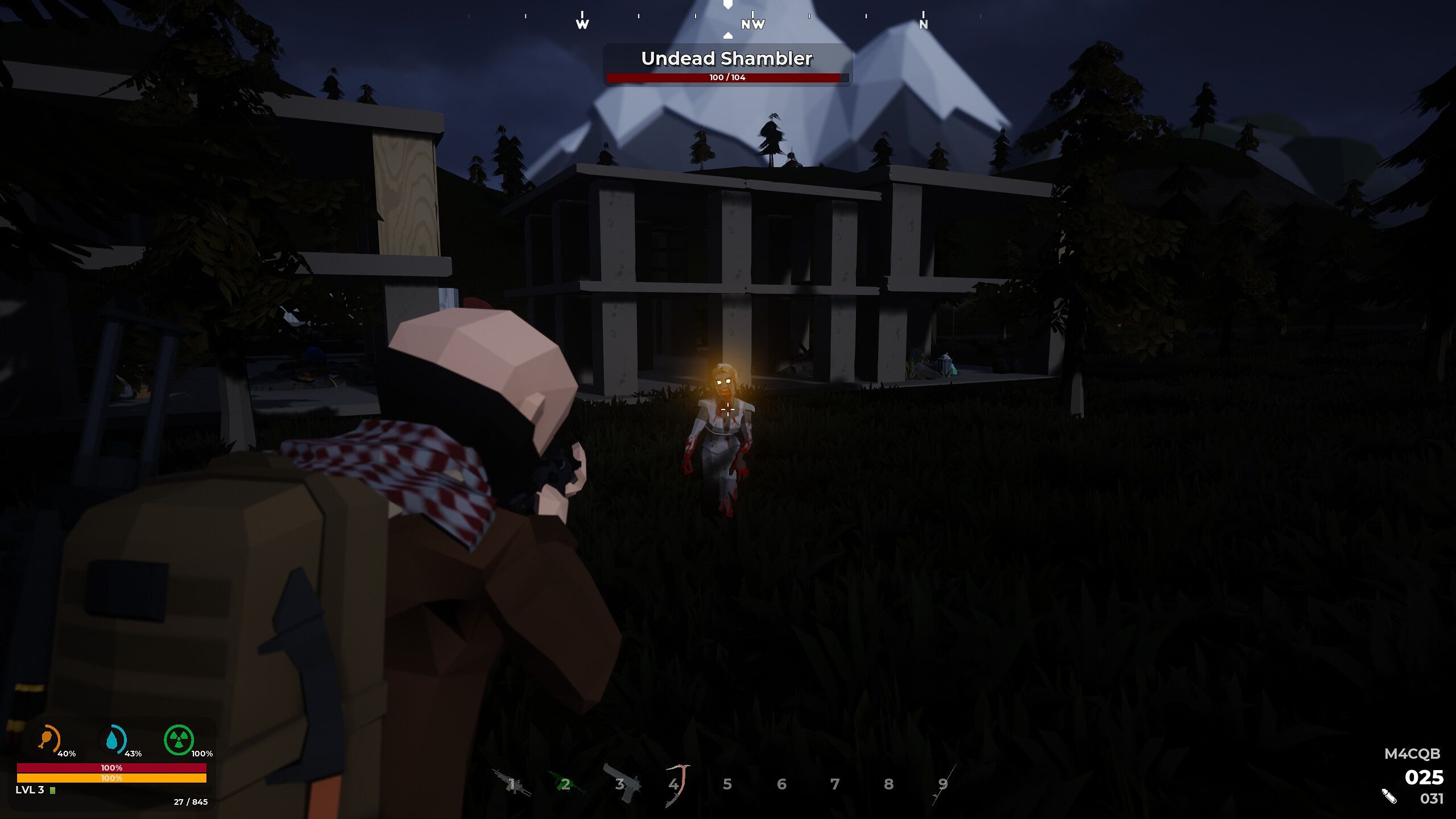The player character aiming at a zombie at night in SurrounDead.