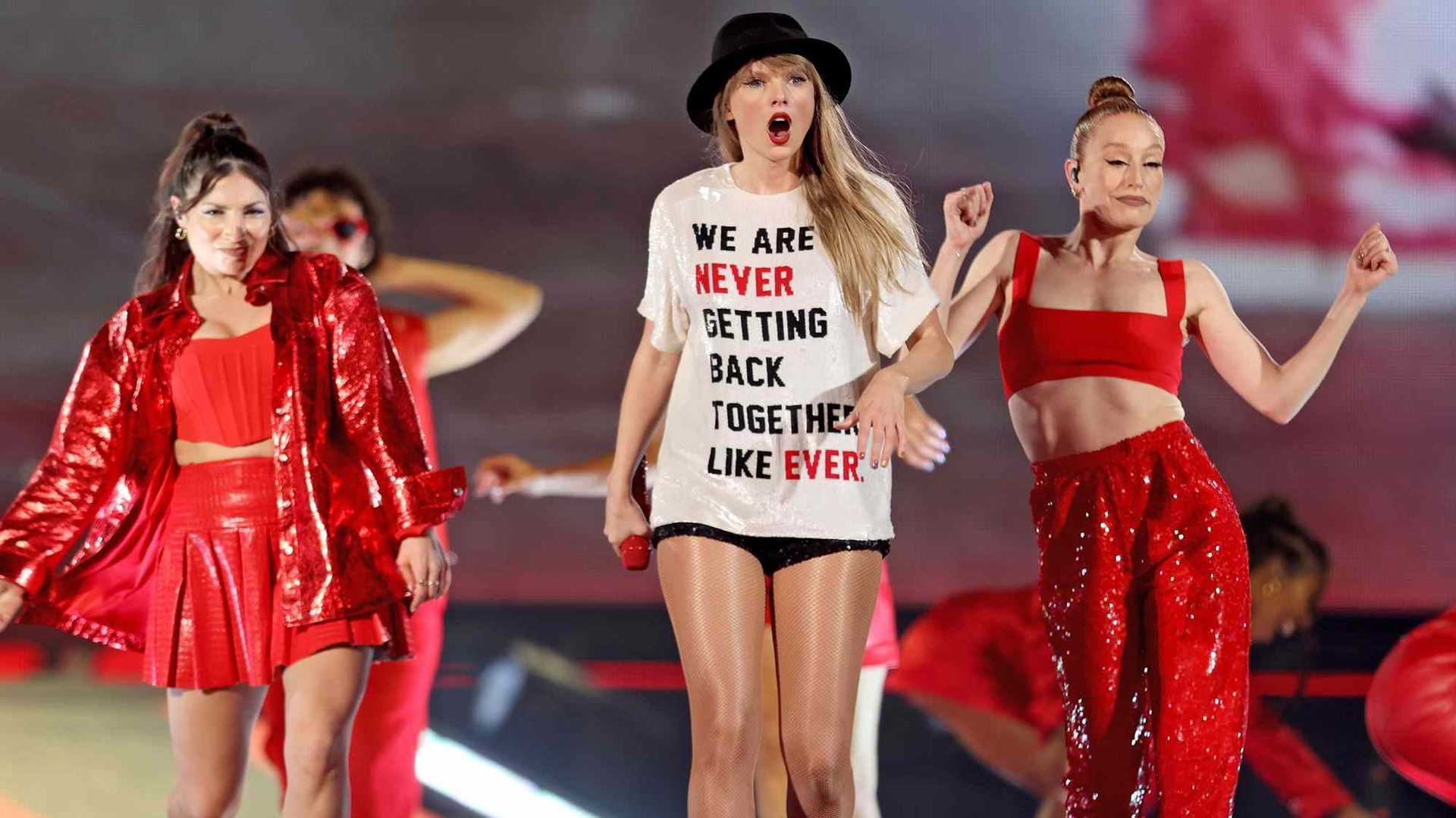 A shot of Taylor Swift during the 22 performance during The Eras Tour