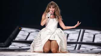 A shot of Taylor Swift during the Dead Poets Department performance during The Eras Tour