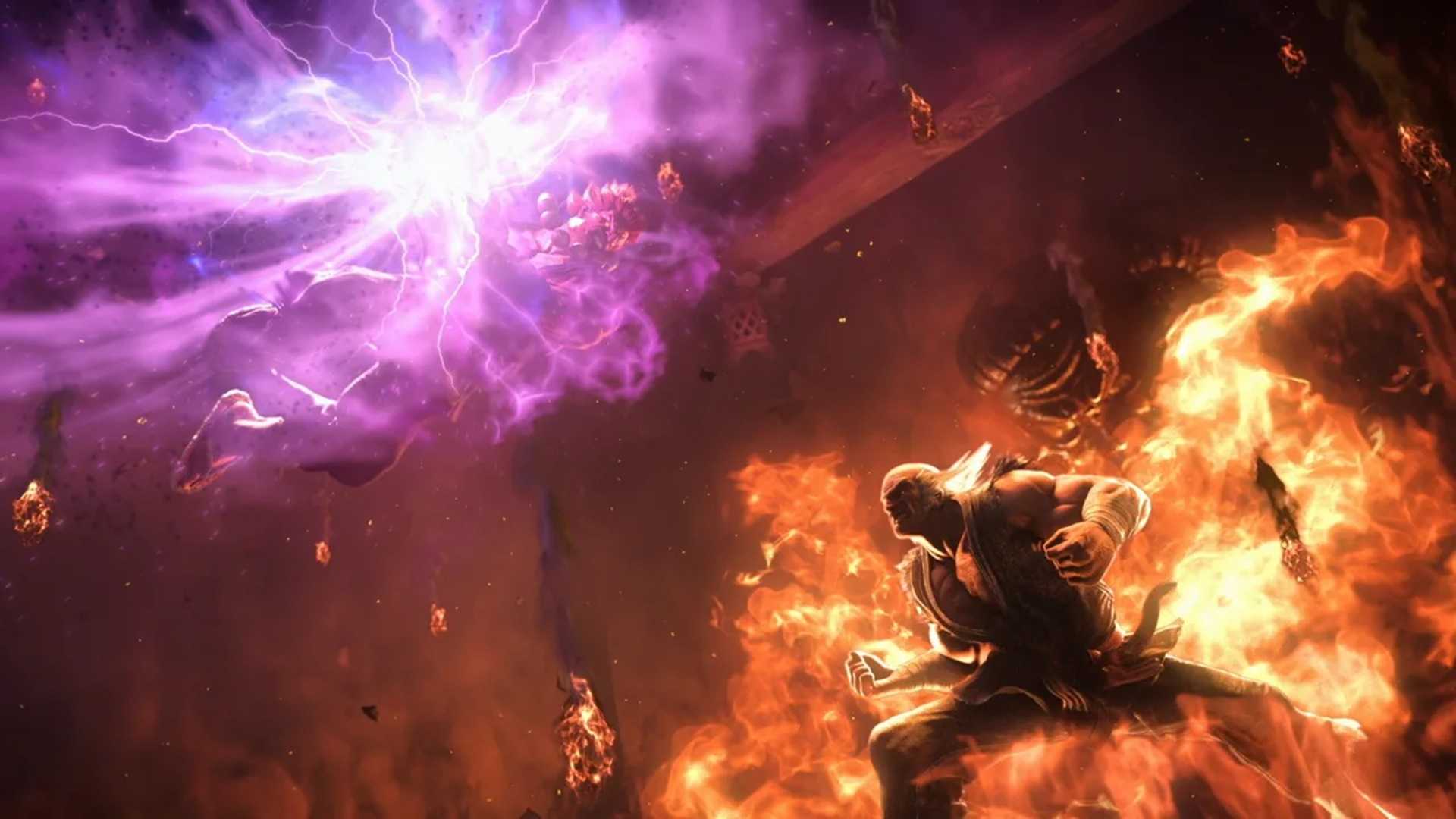 A shot of Heihachi Mishima fighting Akuma in Tekken 7