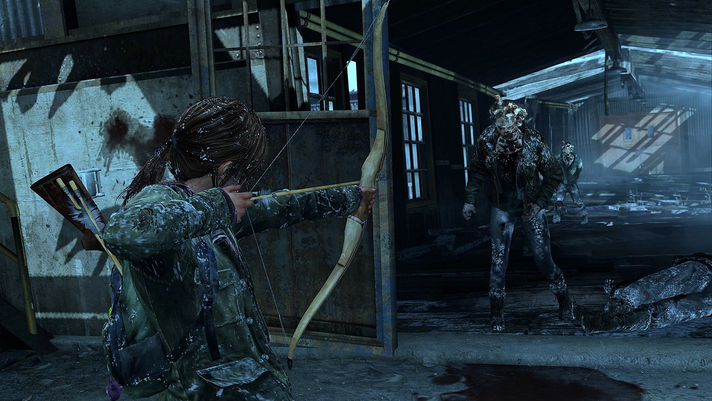 Ellie aiming at a zombie in The Last of Us Remastered.