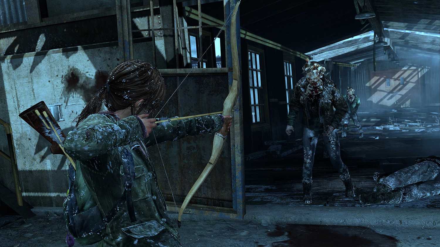 Ellie aiming at a zombie in The Last of Us Remastered.