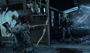 Ellie aiming at a zombie in The Last of Us Remastered.
