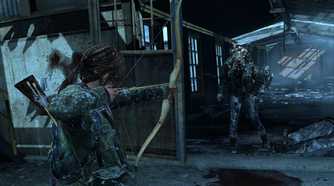 Ellie aiming at a zombie in The Last of Us Remastered.