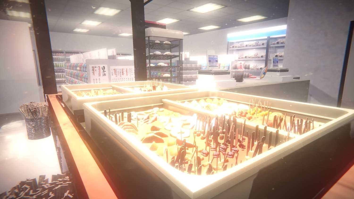 A screenshot of exploration gameplay and food aisles in The Convenience Store