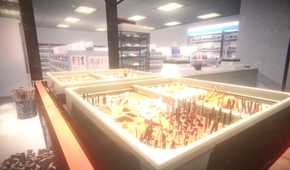A screenshot of exploration gameplay and food aisles in The Convenience Store