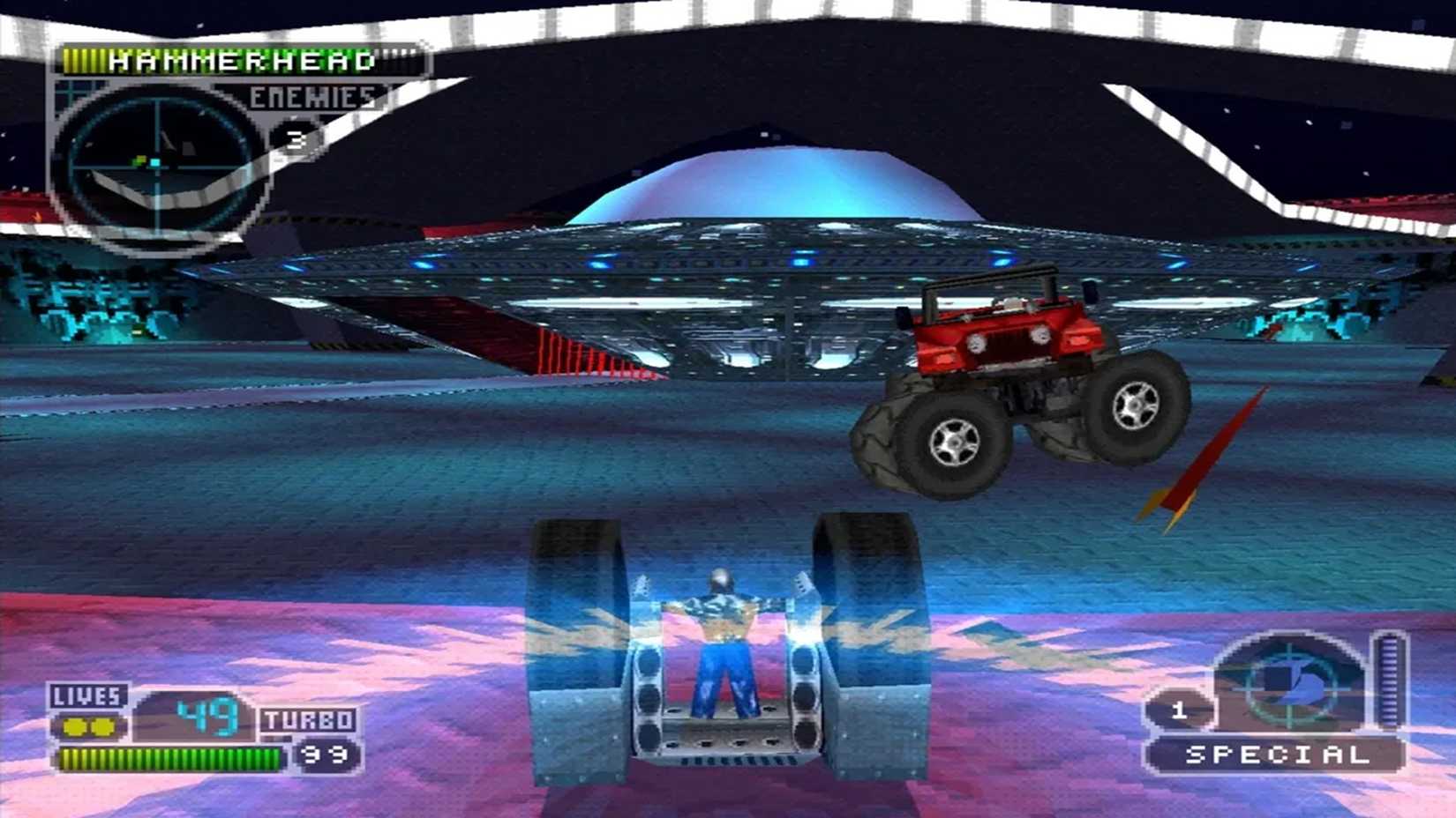 A screenshot of a battle during gameplay from Twisted Metal 3