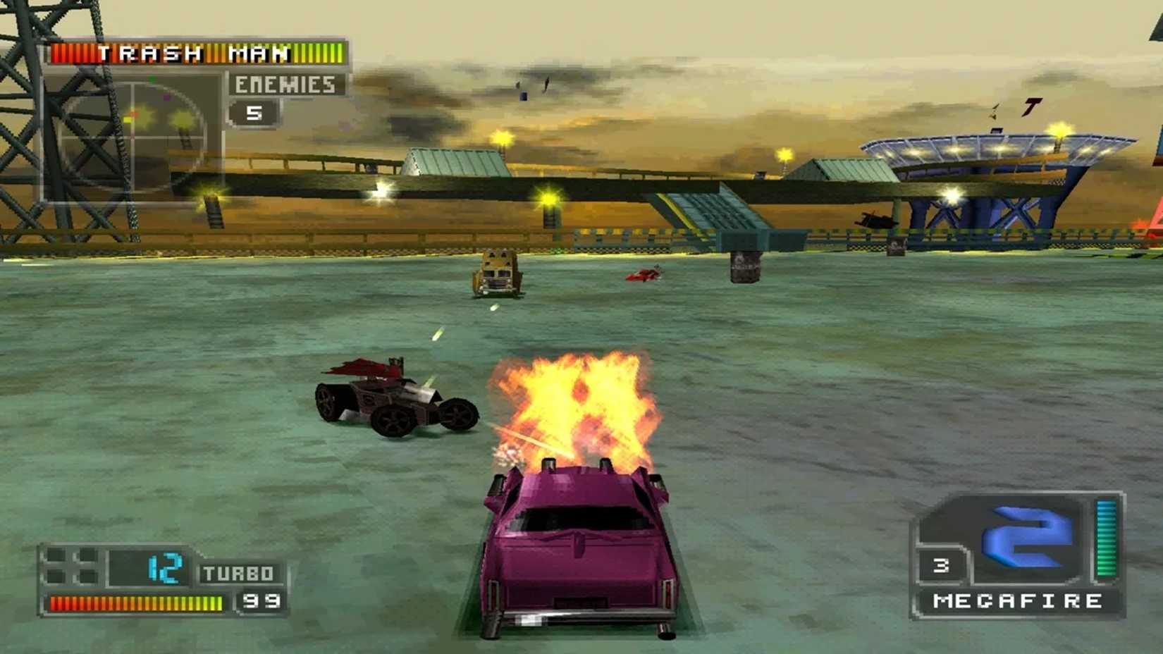 A screenshot of a battle with multiple characters in Twisted Metal 4