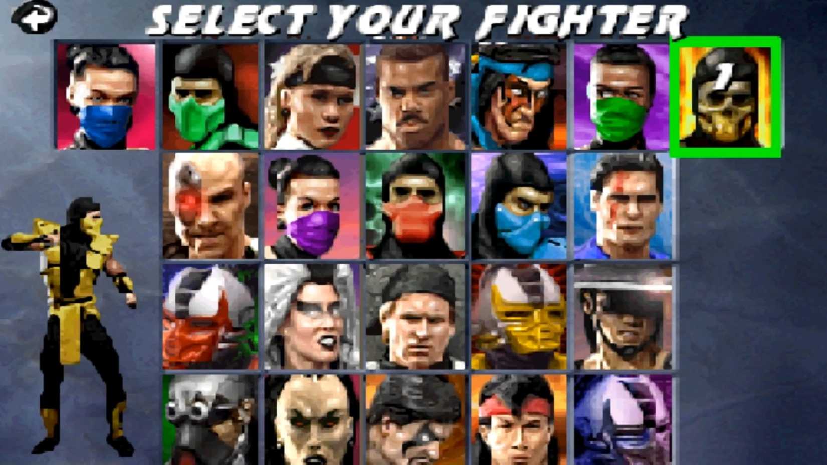 Una captura de pantalla de la pantalla seleccionada de personajes en Ultimate Mortal Kombat en Nintendo DS