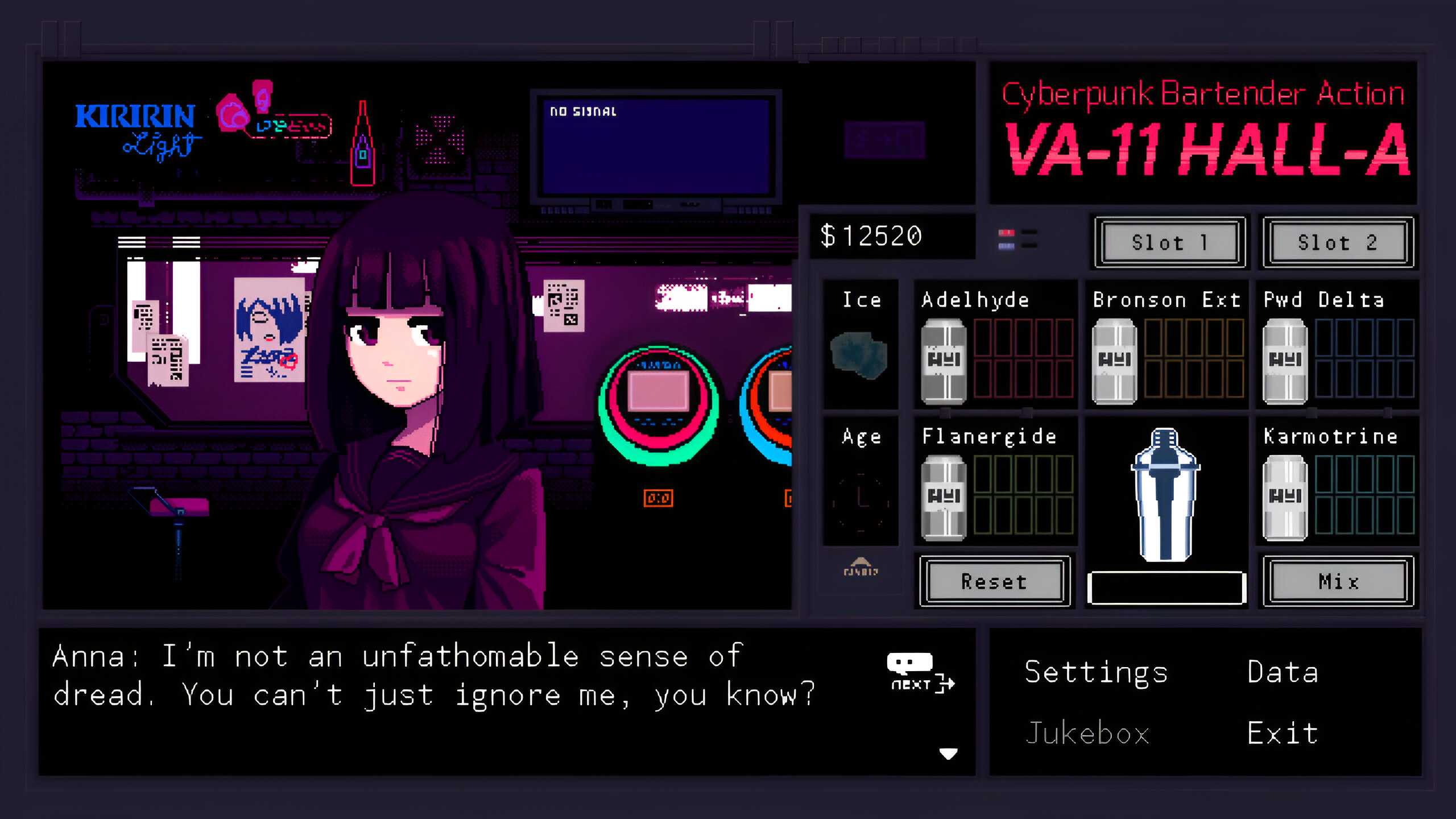 Jill talking to Anna, a customer, in VA-11 Hall-A.