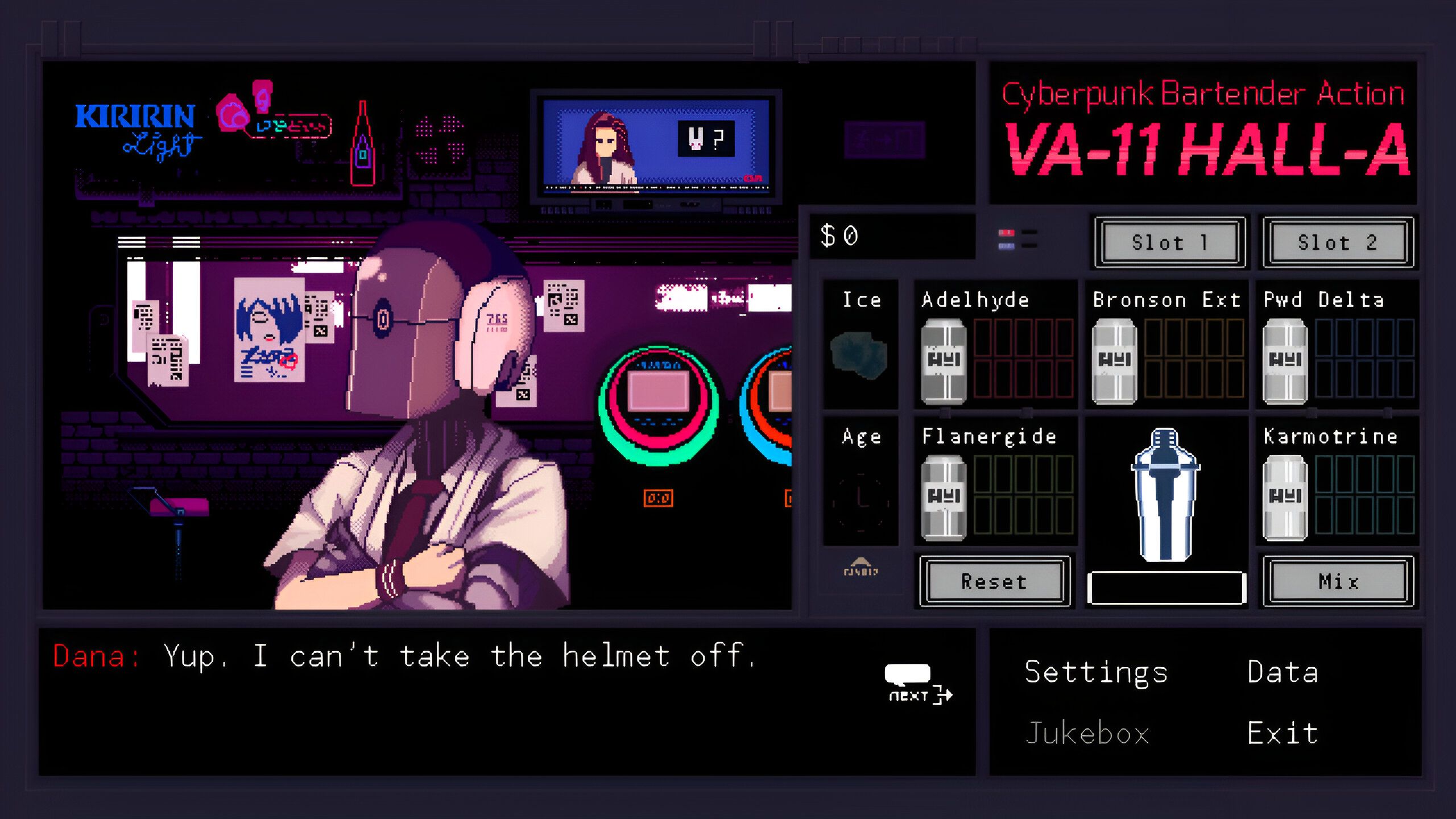 A customer with a helmet on at the bar in VA-11 Hall-A.